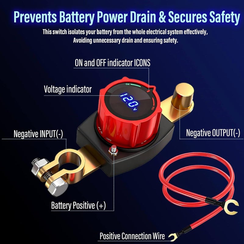 SUNMORN Battery Disconnect Switch, 12V Cut Off IP67 Waterproof Shut Off Switch, for Car, Truck, RV, Boat, Marine, Tractor, SUV, Off-Road, Prevent Battery Drain (Top Post with LED Voltmeter) - Image 5